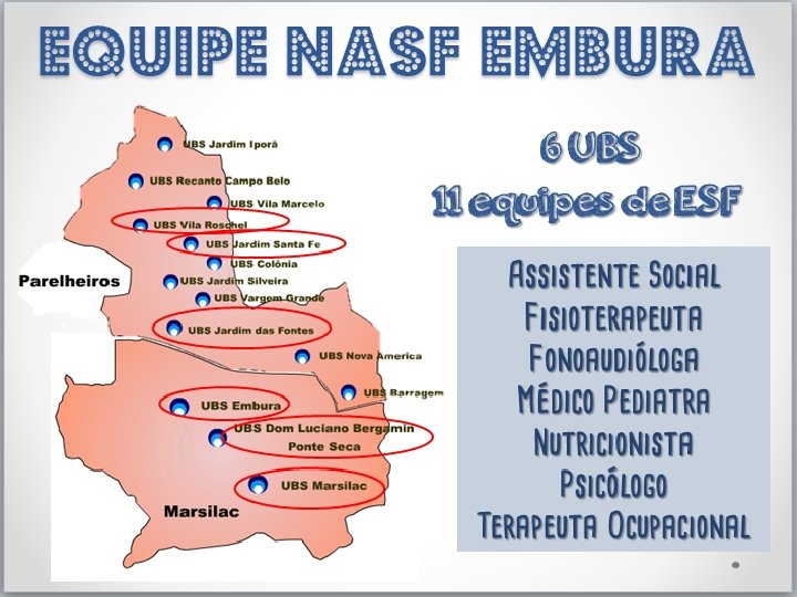 Equipe NASF Embura 6 UBS 11 equipes de ESF Social Assistente Fisioterapeuta Fonoaudióloga Médico