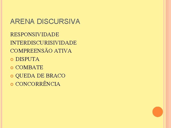 ARENA DISCURSIVA RESPONSIVIDADE INTERDISCURISIVIDADE COMPREENSÃO ATIVA DISPUTA COMBATE QUEDA DE BRACO CONCORRÊNCIA 