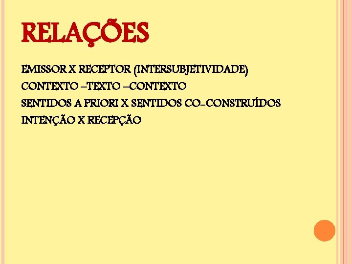 RELAÇÕES EMISSOR X RECEPTOR (INTERSUBJETIVIDADE) CONTEXTO –CONTEXTO SENTIDOS A PRIORI X SENTIDOS CO-CONSTRUÍDOS INTENÇÃO
