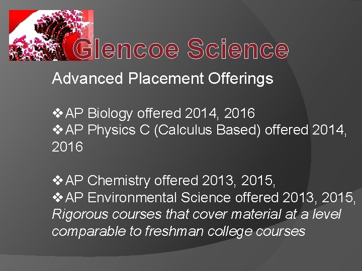 Glencoe Science Advanced Placement Offerings v. AP Biology offered 2014, 2016 v. AP Physics