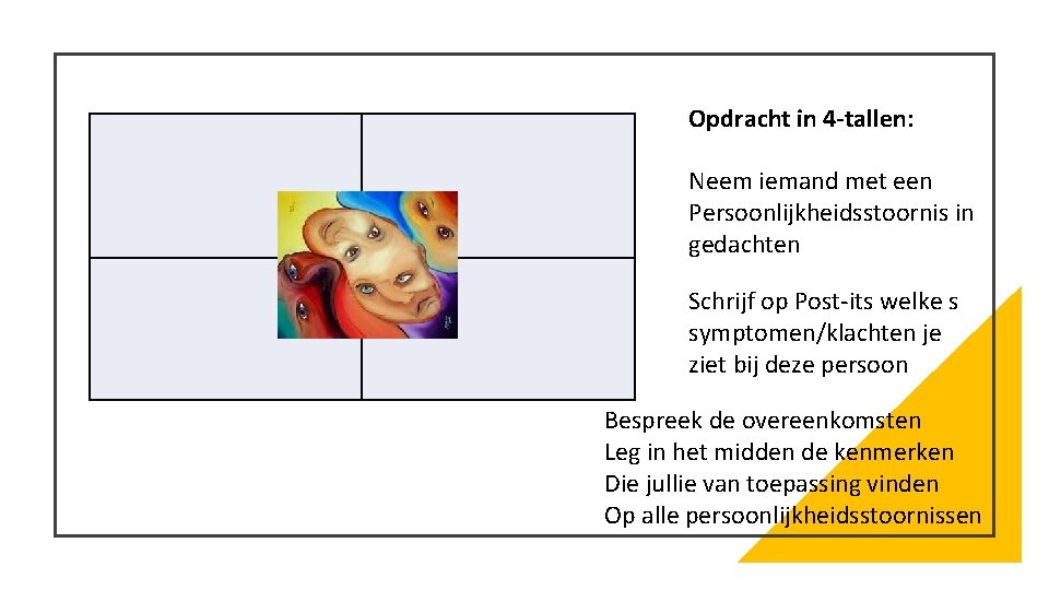 Opdracht in 4 -tallen: Neem iemand met een Persoonlijkheidsstoornis in gedachten Schrijf op Post-its