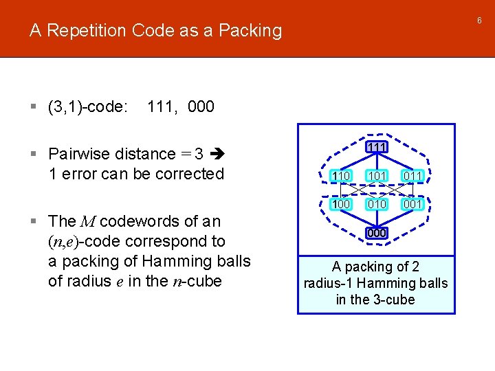 6 A Repetition Code as a Packing § (3, 1)-code: 111, 000 § Pairwise