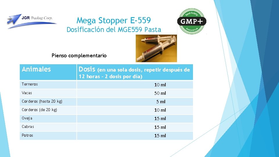 Mega Stopper E-559 Dosificación del MGE 559 Pasta Pienso complementario Animales Dosis (en una Mega Stopper E-559 Dosificación del MGE 559 Pasta Pienso complementario Animales Dosis (en una
