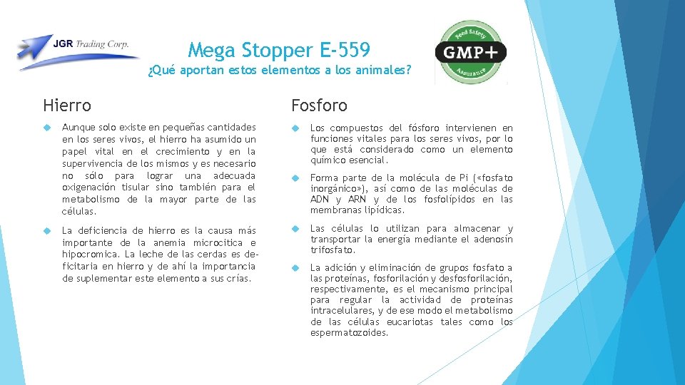 Mega Stopper E-559 ¿Qué aportan estos elementos a los animales? Hierro Fosforo Aunque solo Mega Stopper E-559 ¿Qué aportan estos elementos a los animales? Hierro Fosforo Aunque solo