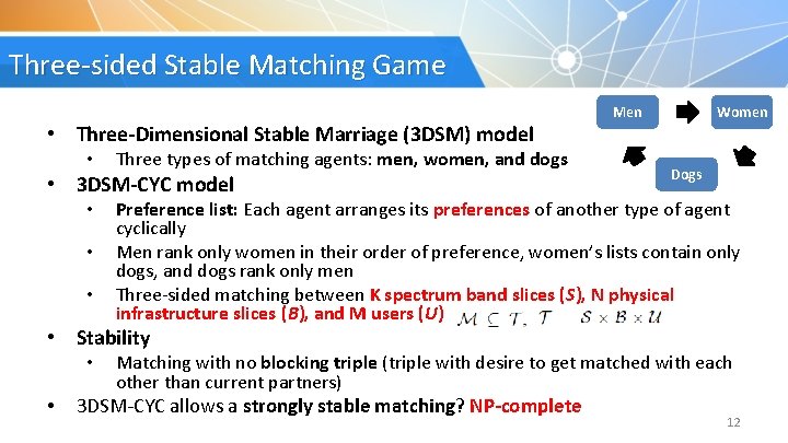 Three-sided Stable Matching Game • Three-Dimensional Stable Marriage (3 DSM) model • Three types