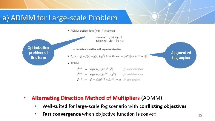 a) ADMM for Large-scale Problem Optimization problem of this form Augmented Lagrangian • Alternating