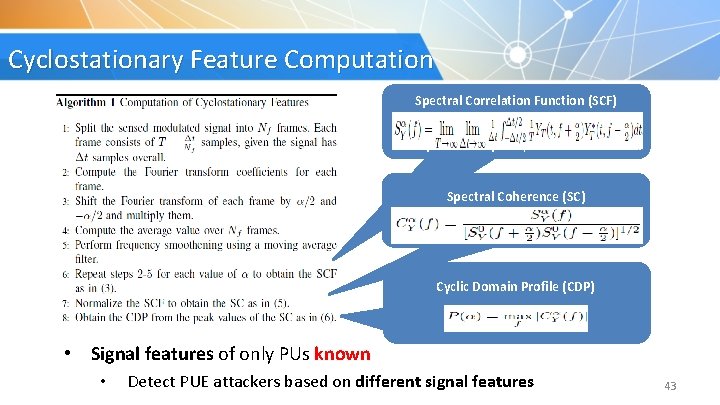 Cyclostationary Feature Computation Spectral Correlation Function (SCF) Describes the cross-spectral density of all pairs