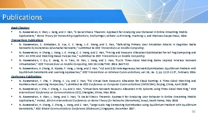 Publications Book Chapters • N. Raveendran, K. Bian, L. Song, and Z. Han, “A