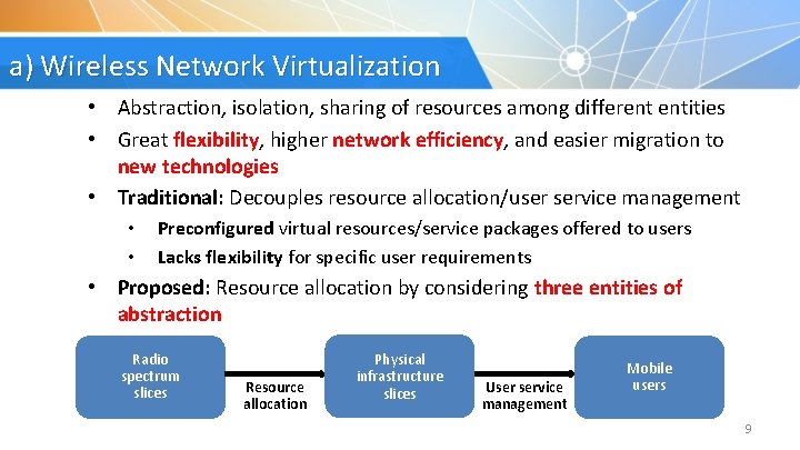 a) Wireless Network Virtualization • Abstraction, isolation, sharing of resources among different entities •