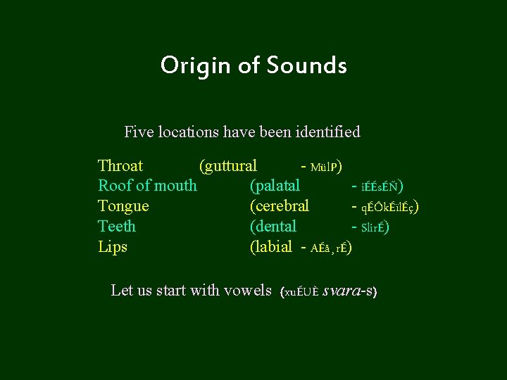 Origin of Sounds Five locations have been identified Throat (guttural Mül. P) Roof of