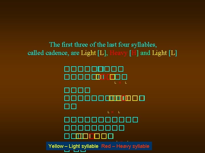 The first three of the last four syllables, called cadence, are Light [L], Heavy