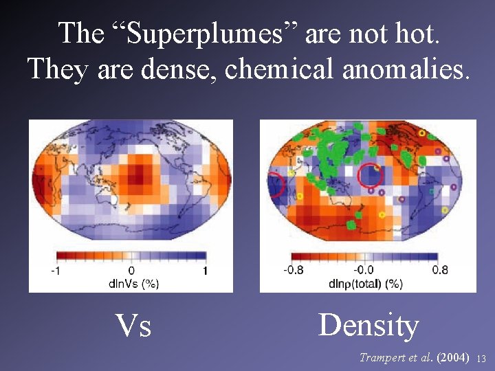 The “Superplumes” are not hot. They are dense, chemical anomalies. Vs Density Trampert et