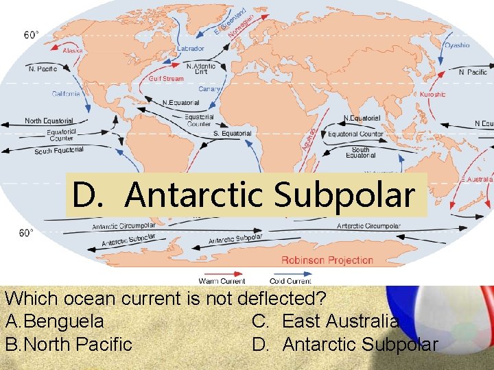 D. Antarctic Subpolar Which ocean current is not deflected? A. Benguela C. East Australia D. Antarctic Subpolar Which ocean current is not deflected? A. Benguela C. East Australia
