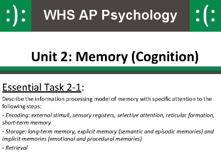 WHS AP Psychology Unit 2: Memory (Cognition) Essential Task 2 -1: Describe the information