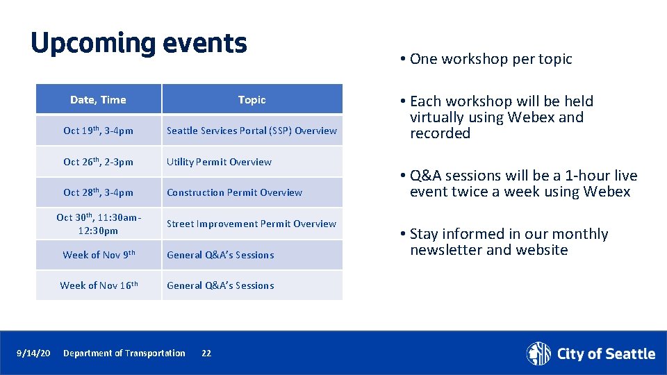 Upcoming events Date, Time Topic Oct 19 th, 3 -4 pm Seattle Services Portal