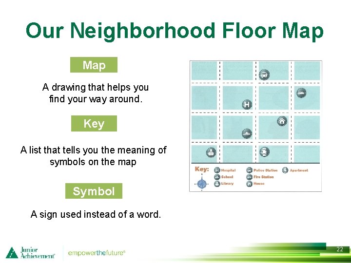 Our Neighborhood Floor Map A drawing that helps you find your way around. Key