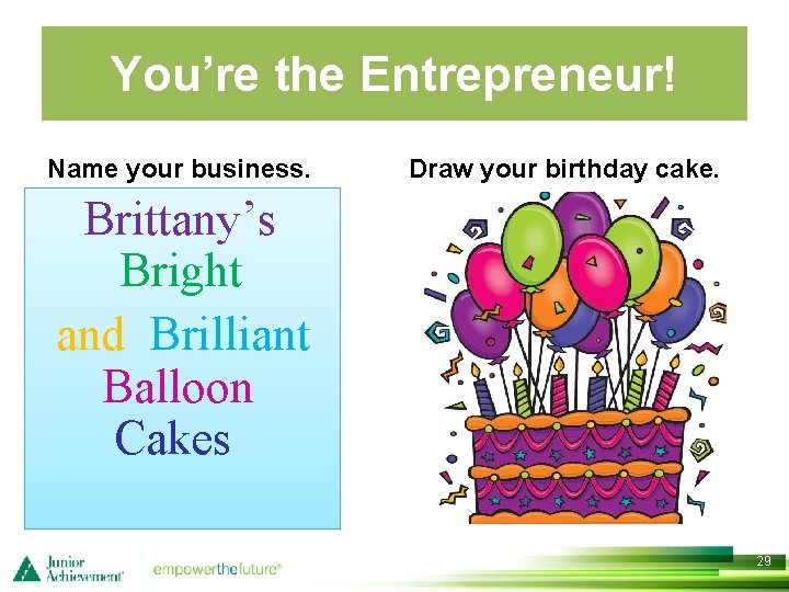 You’re the Entrepreneur! Name your business. Draw your birthday cake. Brittany’s Bright and Brilliant