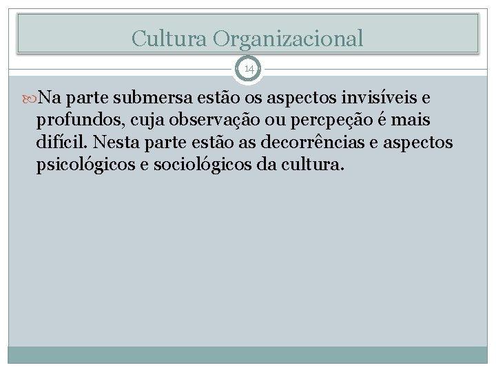 Cultura Organizacional 14 Na parte submersa estão os aspectos invisíveis e profundos, cuja observação