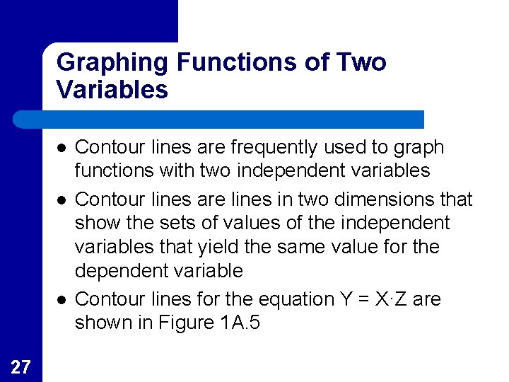 Graphing Functions of Two Variables l l l 27 Contour lines are frequently used