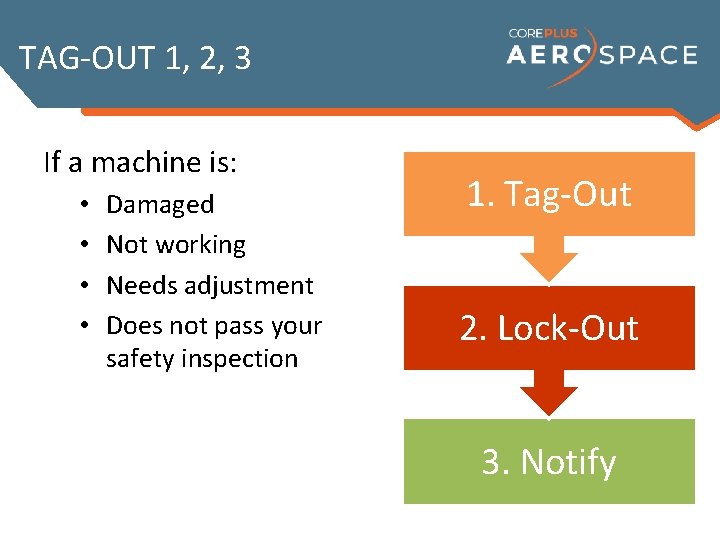 TAG-OUT 1, 2, 3 If a machine is: • • Damaged Not working Needs