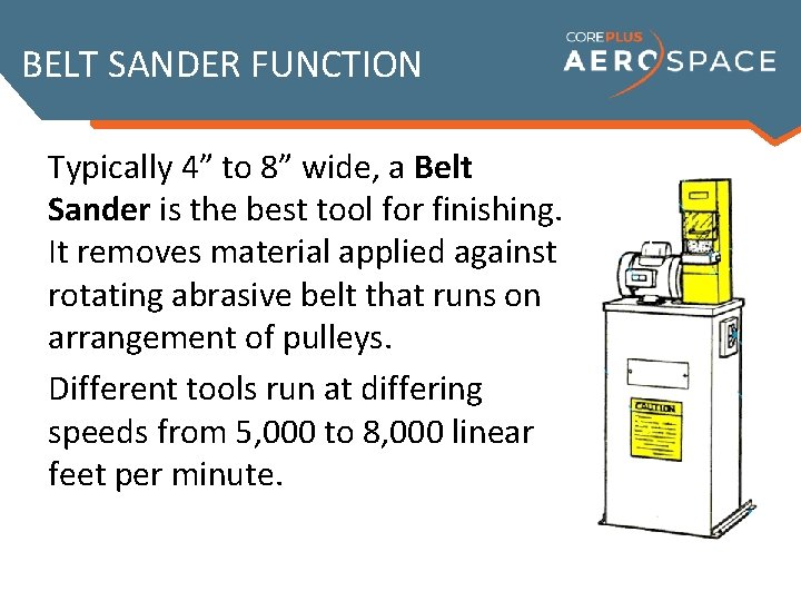 BELT SANDER FUNCTION Typically 4” to 8” wide, a Belt Sander is the best