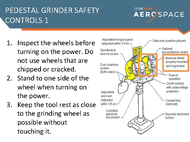 PEDESTAL GRINDER SAFETY CONTROLS 1 1. Inspect the wheels before turning on the power.