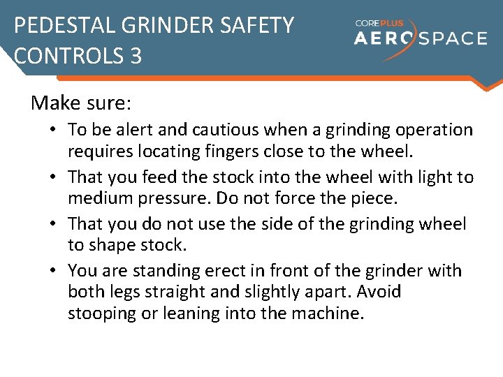 PEDESTAL GRINDER SAFETY CONTROLS 3 Make sure: • To be alert and cautious when