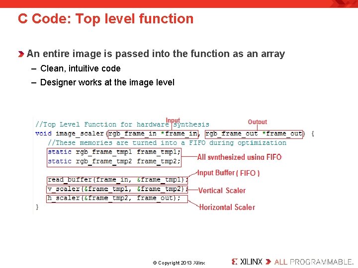 C Code: Top level function An entire image is passed into the function as