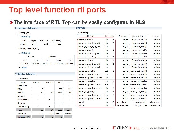 Top level function rtl ports The Interface of RTL Top can be easily configured