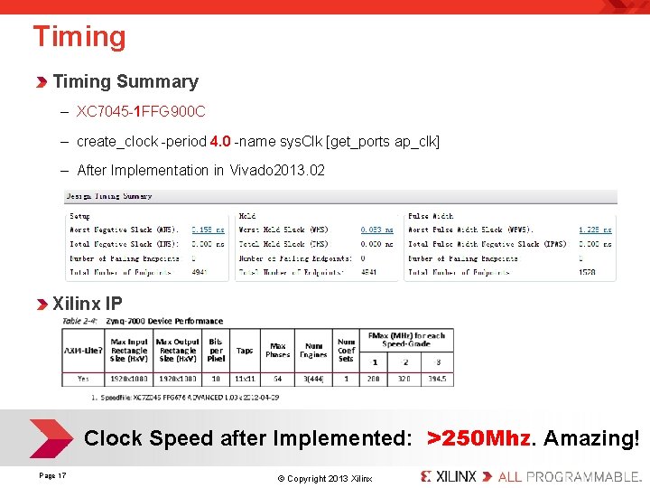Timing Summary – XC 7045 -1 FFG 900 C – create_clock -period 4. 0