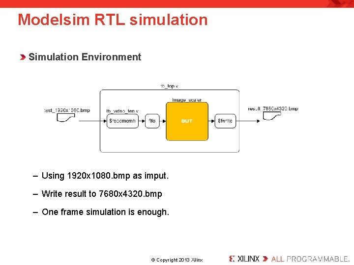 Modelsim RTL simulation Simulation Environment – Using 1920 x 1080. bmp as imput. –