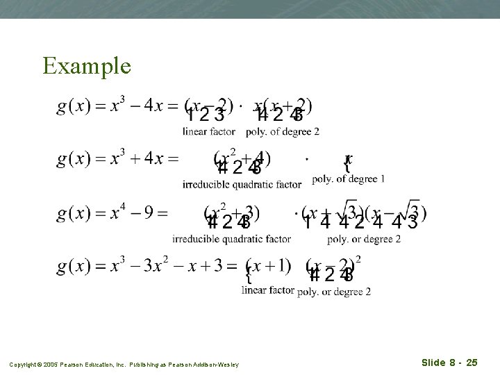 Example Copyright © 2005 Pearson Education, Inc. Publishing as Pearson Addison-Wesley Slide 8 -