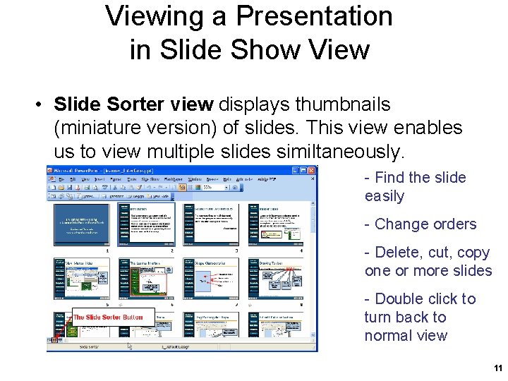 Viewing a Presentation in Slide Show View • Slide Sorter view displays thumbnails (miniature Viewing a Presentation in Slide Show View • Slide Sorter view displays thumbnails (miniature