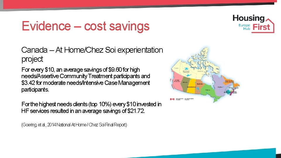 Evidence – cost savings Canada – At Home/Chez Soi experientation project For every $10,