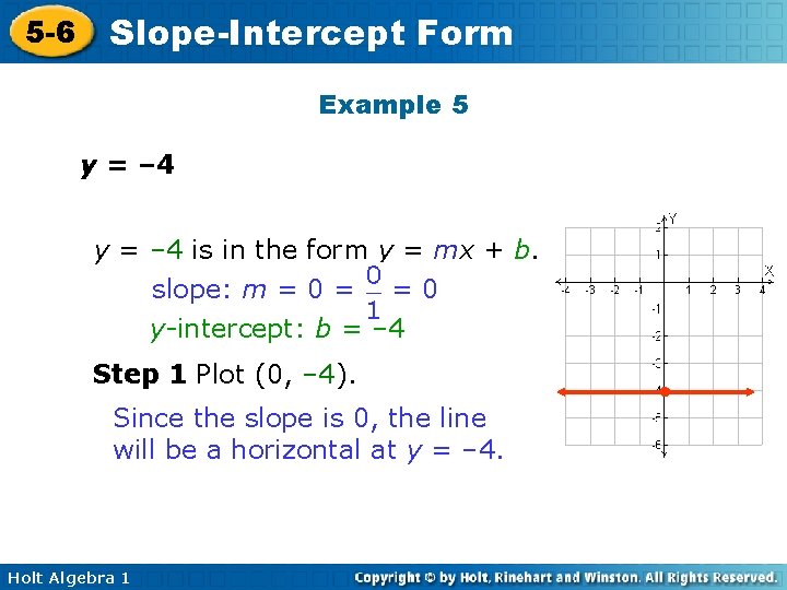 5 -6 Slope-Intercept Form Example 5 y = – 4 is in the form