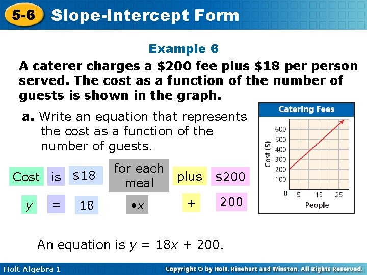 5 -6 Slope-Intercept Form Example 6 A caterer charges a $200 fee plus $18