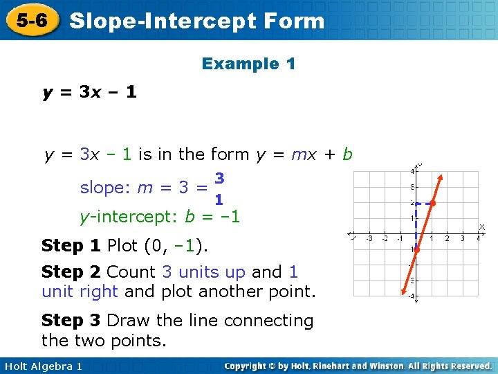 5 -6 Slope-Intercept Form Example 1 y = 3 x – 1 is in