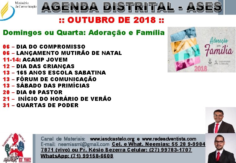 AGENDA DISTRITAL - ASES : : OUTUBRO DE 2018 : : Domingos ou Quarta: