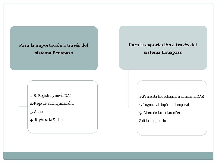 Para la importación a través del Para la exportación a través del sistema Ecuapass