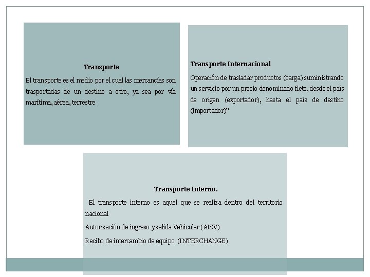 Transporte Internacional Transporte El transporte es el medio por el cual las mercancías son