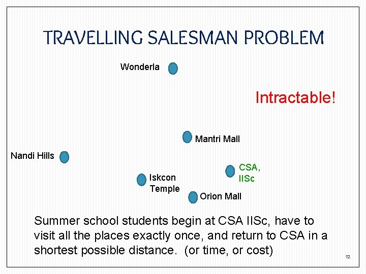 TRAVELLING SALESMAN PROBLEM Wonderla Intractable! Mantri Mall Nandi Hills Iskcon Temple CSA, IISc Orion TRAVELLING SALESMAN PROBLEM Wonderla Intractable! Mantri Mall Nandi Hills Iskcon Temple CSA, IISc Orion