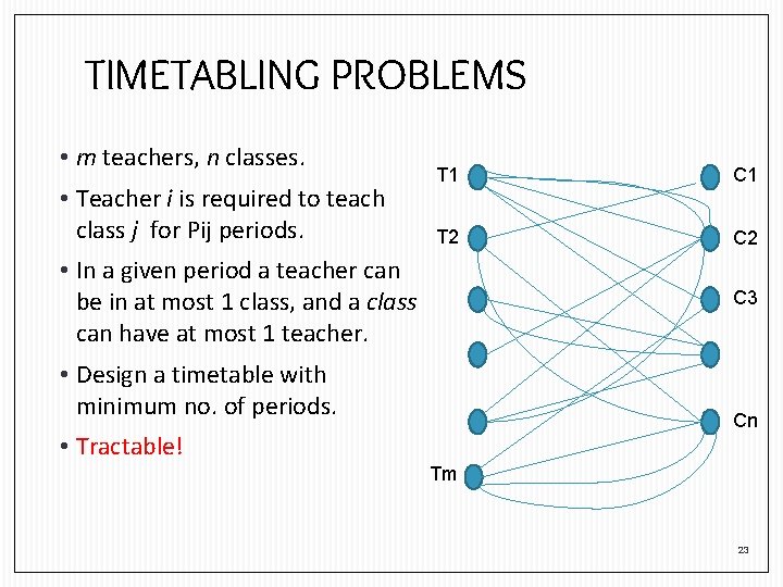 TIMETABLING PROBLEMS • m teachers, n classes. • Teacher i is required to teach