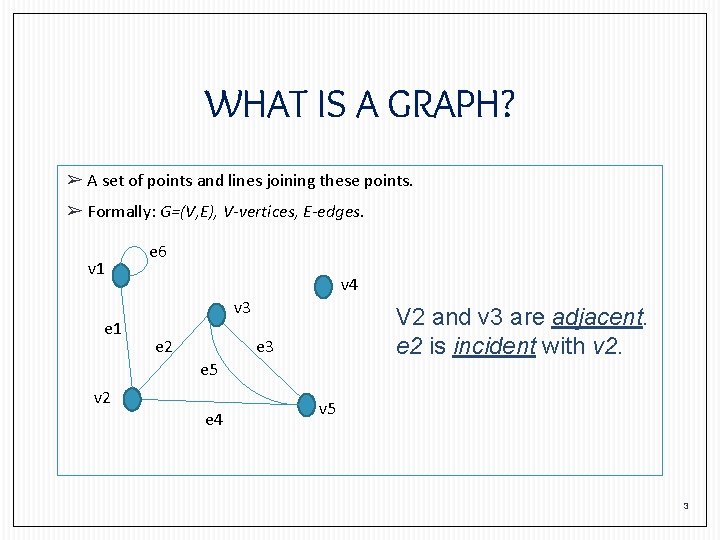 WHAT IS A GRAPH? ➢ A set of points and lines joining these points. WHAT IS A GRAPH? ➢ A set of points and lines joining these points.