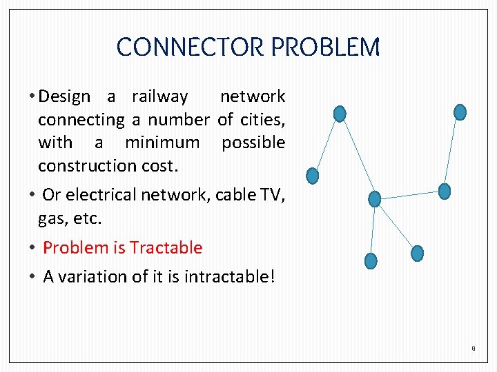 CONNECTOR PROBLEM • Design a railway network connecting a number of cities, with a