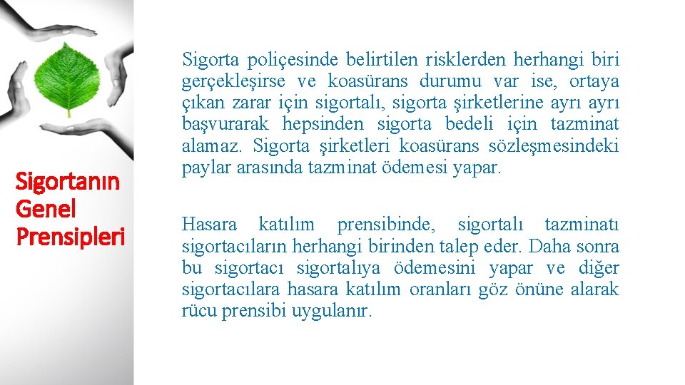 Sigortanın Genel Prensipleri Sigorta poliçesinde belirtilen risklerden herhangi biri gerçekleşirse ve koasürans durumu var