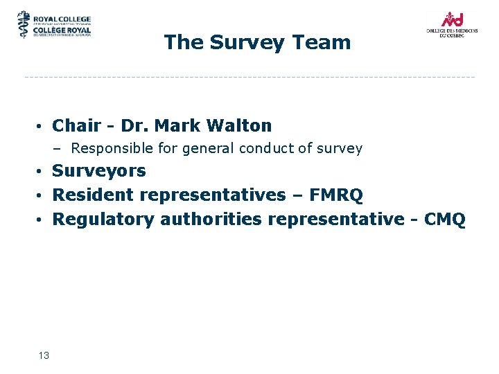 The Survey Team • Chair - Dr. Mark Walton – Responsible for general conduct
