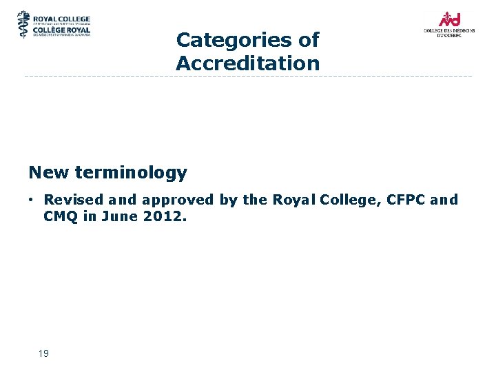 Categories of Accreditation New terminology • Revised and approved by the Royal College, CFPC