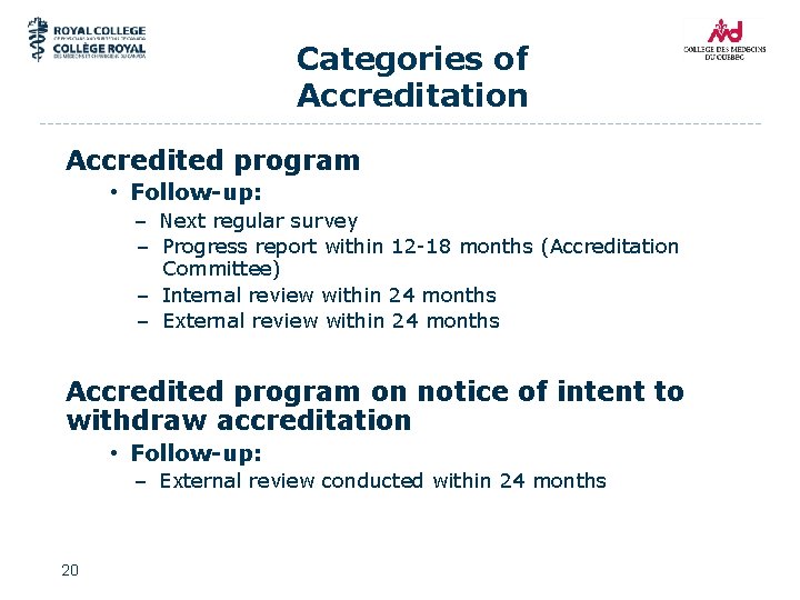 Categories of Accreditation Accredited program • Follow-up: – Next regular survey – Progress report
