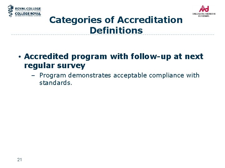 Categories of Accreditation Definitions • Accredited program with follow-up at next regular survey –