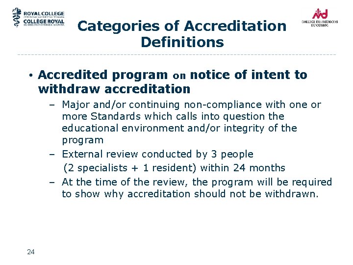 Categories of Accreditation Definitions • Accredited program on notice of intent to withdraw accreditation